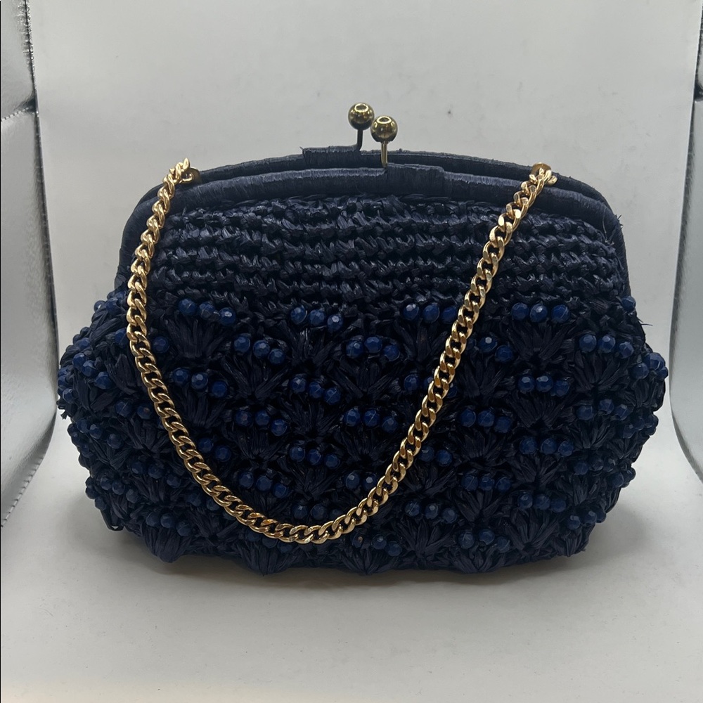 Dayne Taylor vintage Navy Blue Woven Handbag with Gold Chain